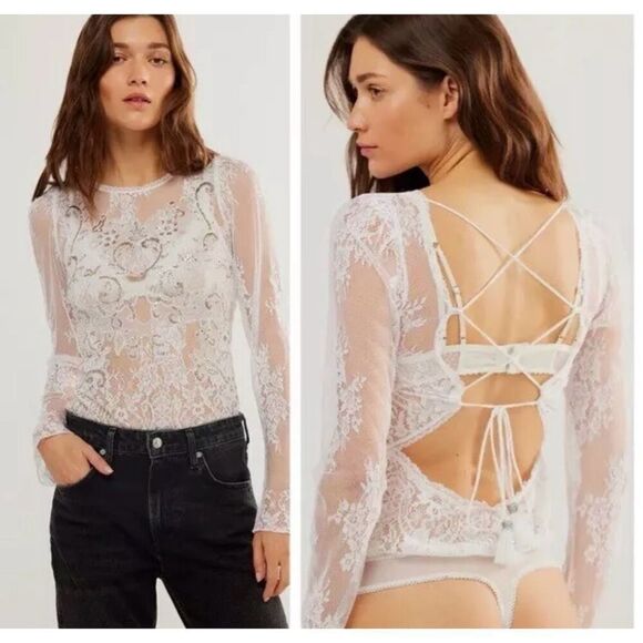 NWT $168 FREE PEOPLE Ready To Party Bodysuit White Embellished Lace Mesh Sheer S - Picture 2 of 9